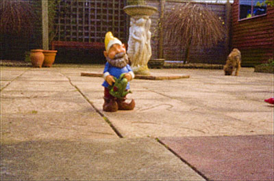 Deconvolved pinhole photo of garden gnome on patio
