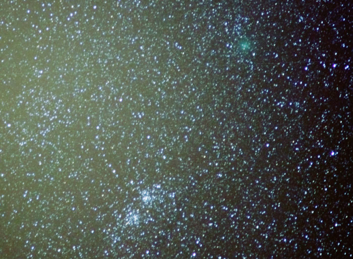 Photo showing both comet 103P and the Perseus double cluster.