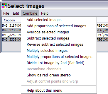 The image combination menu on the image table