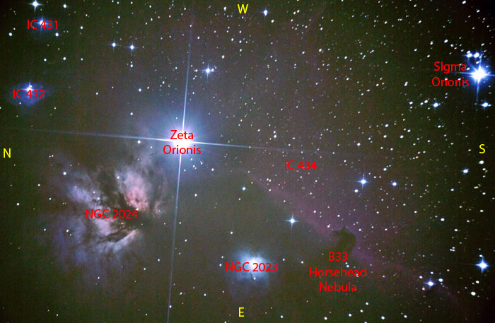 Annotated photo of Zeta Orionis region