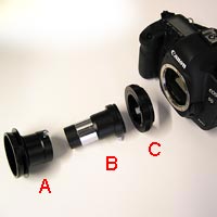Exploded view of Barlow lens and adapters