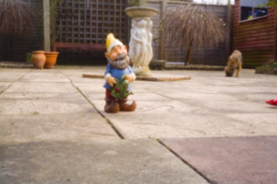 Pinhole photo of garden gnome on patio